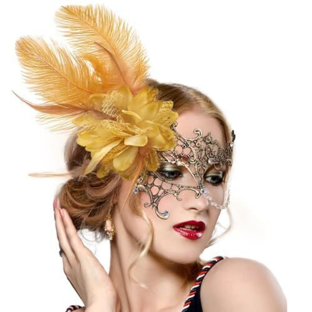 2591 Gold Masquerade Masks - 2026 Feather Lace Mask 1920s 50s Antique